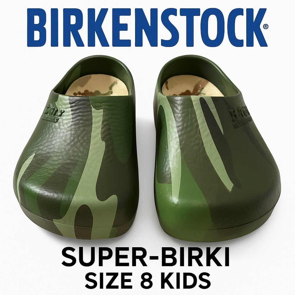 Birkenstock Super-Birki Green Camouflage Kids Clogs Size 8 (EU 26)
